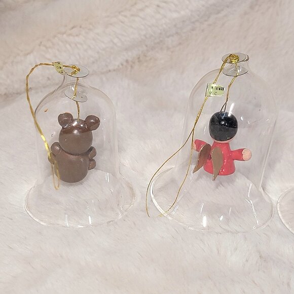 5 VTG Clear Glass Bells with Wooden / Glass Figurines Inside Christmas Ornaments - Picture 7 of 11